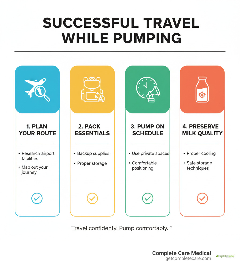 Infographic showing the four pillars of successful travel while pumping: Plan your route and research airport facilities, Pack essential gear including backup supplies and proper storage, Pump on schedule using private spaces and comfortable positioning, and Preserve milk quality with proper cooling and storage techniques - Traveling While Pumping: Tips for TSA, Storage, and Staying Comfortable infographic 