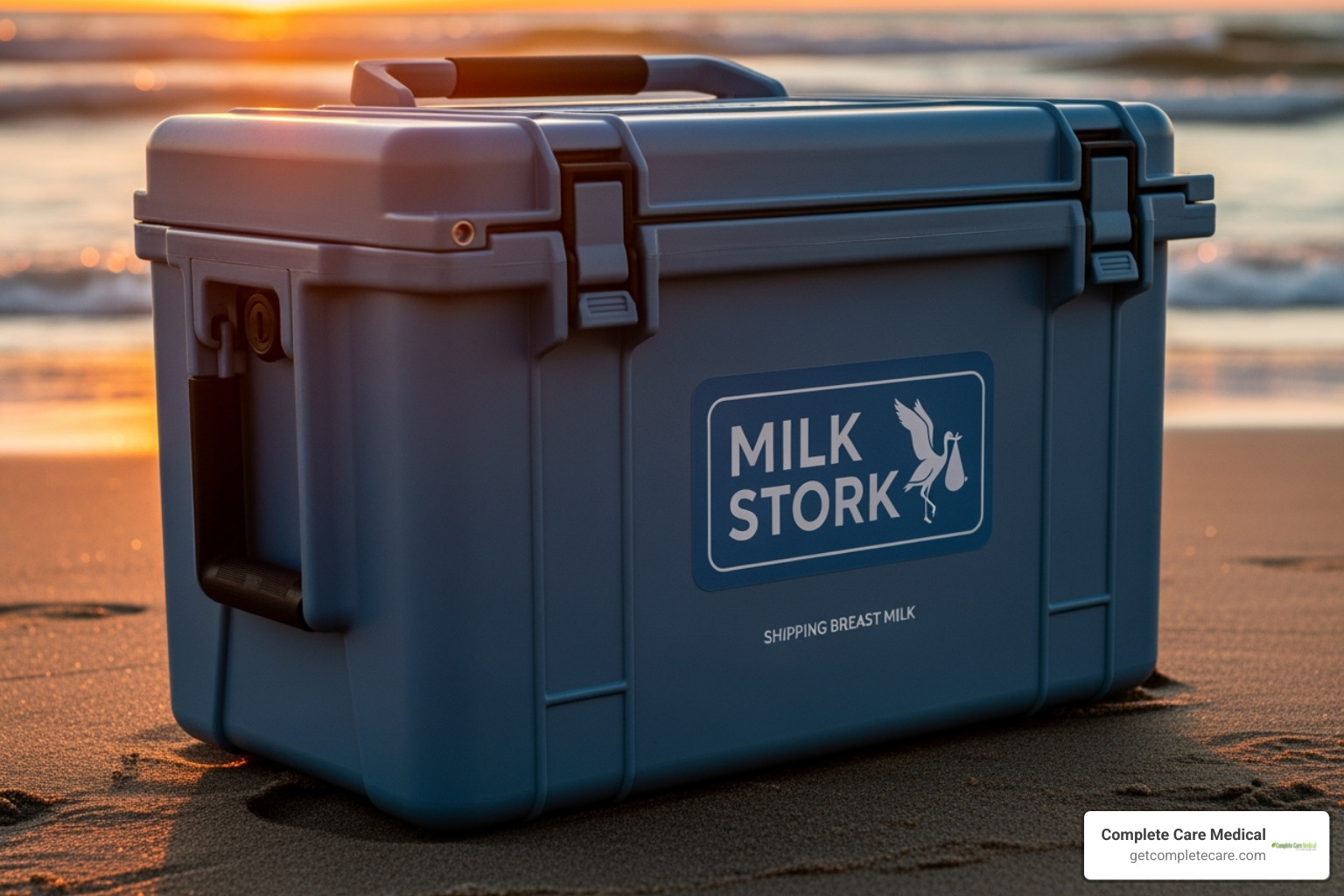 A travel cooler with a Milk Stork label, indicating a breast milk shipping service - Traveling While Pumping: Tips for TSA, Storage, and Staying Comfortable