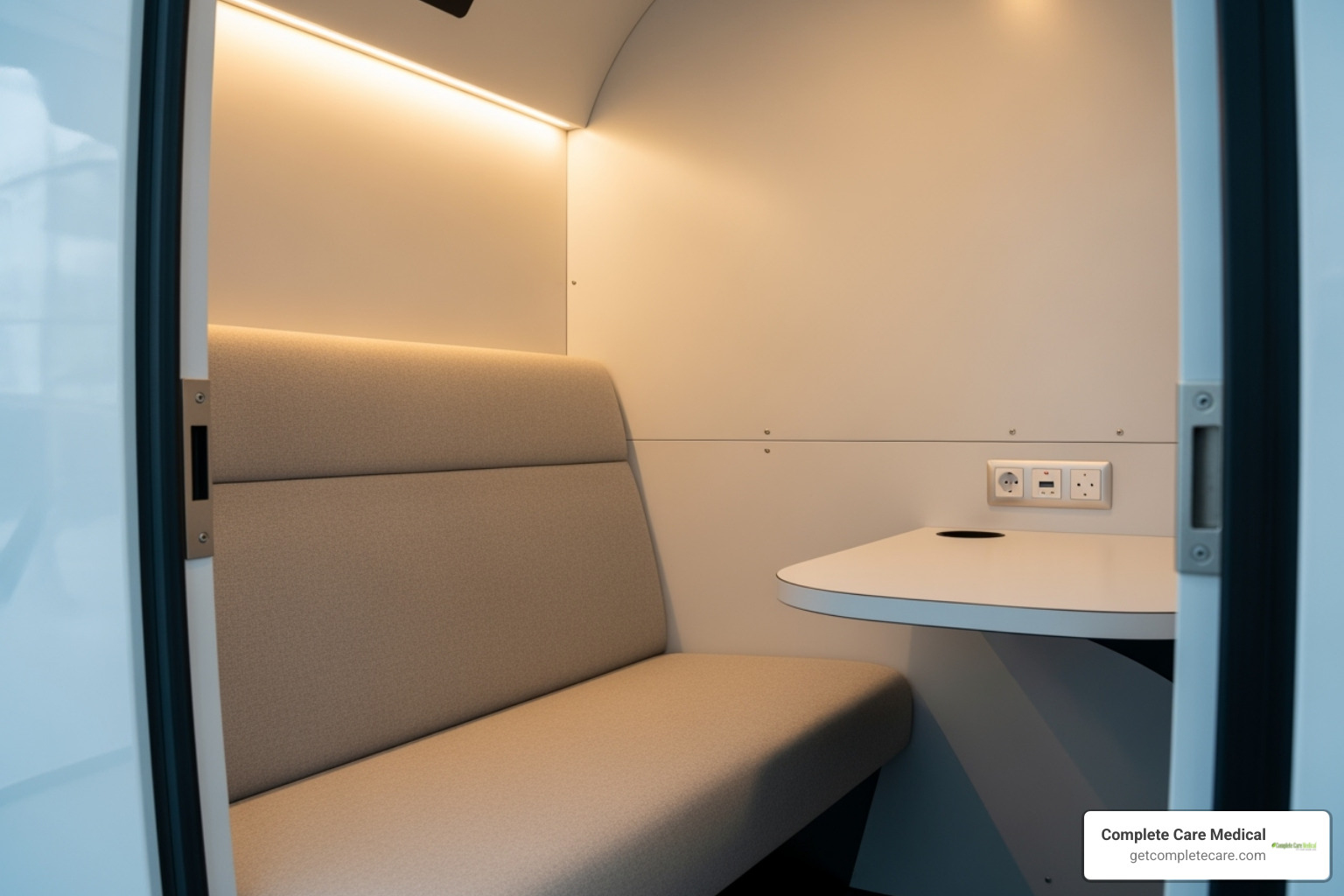 Interior of a Mamava lactation pod, showing a comfortable bench and a small table - Traveling While Pumping: Tips for TSA, Storage, and Staying Comfortable