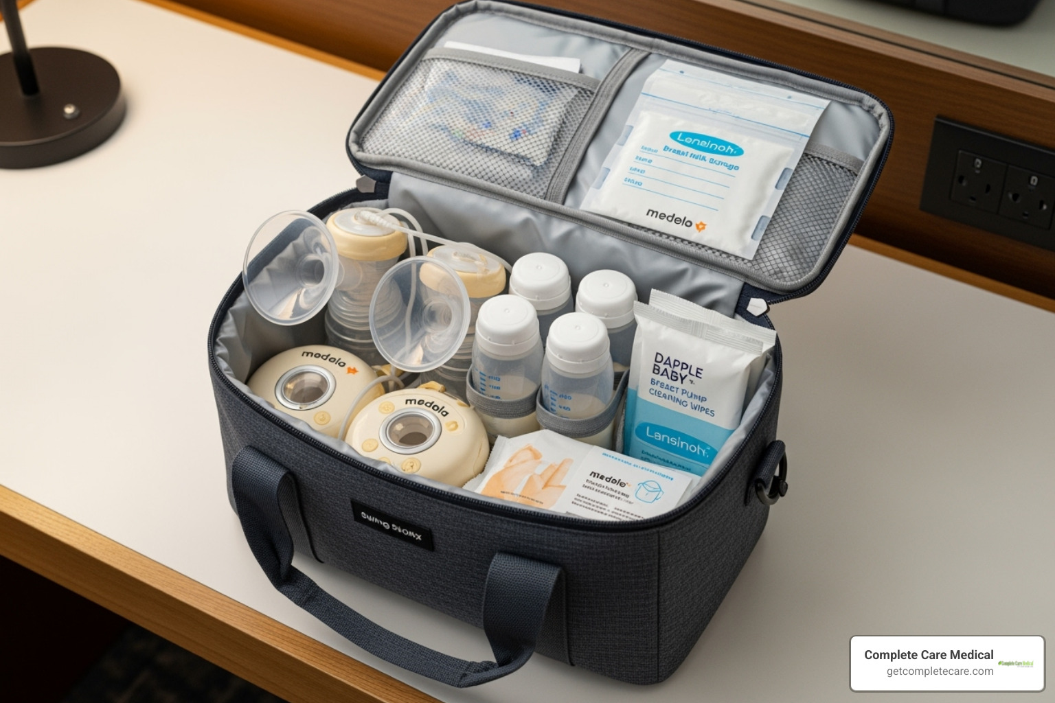 A well-organized travel bag with a breast pump, bottles, and cleaning wipes - Traveling While Pumping: Tips for TSA, Storage, and Staying Comfortable