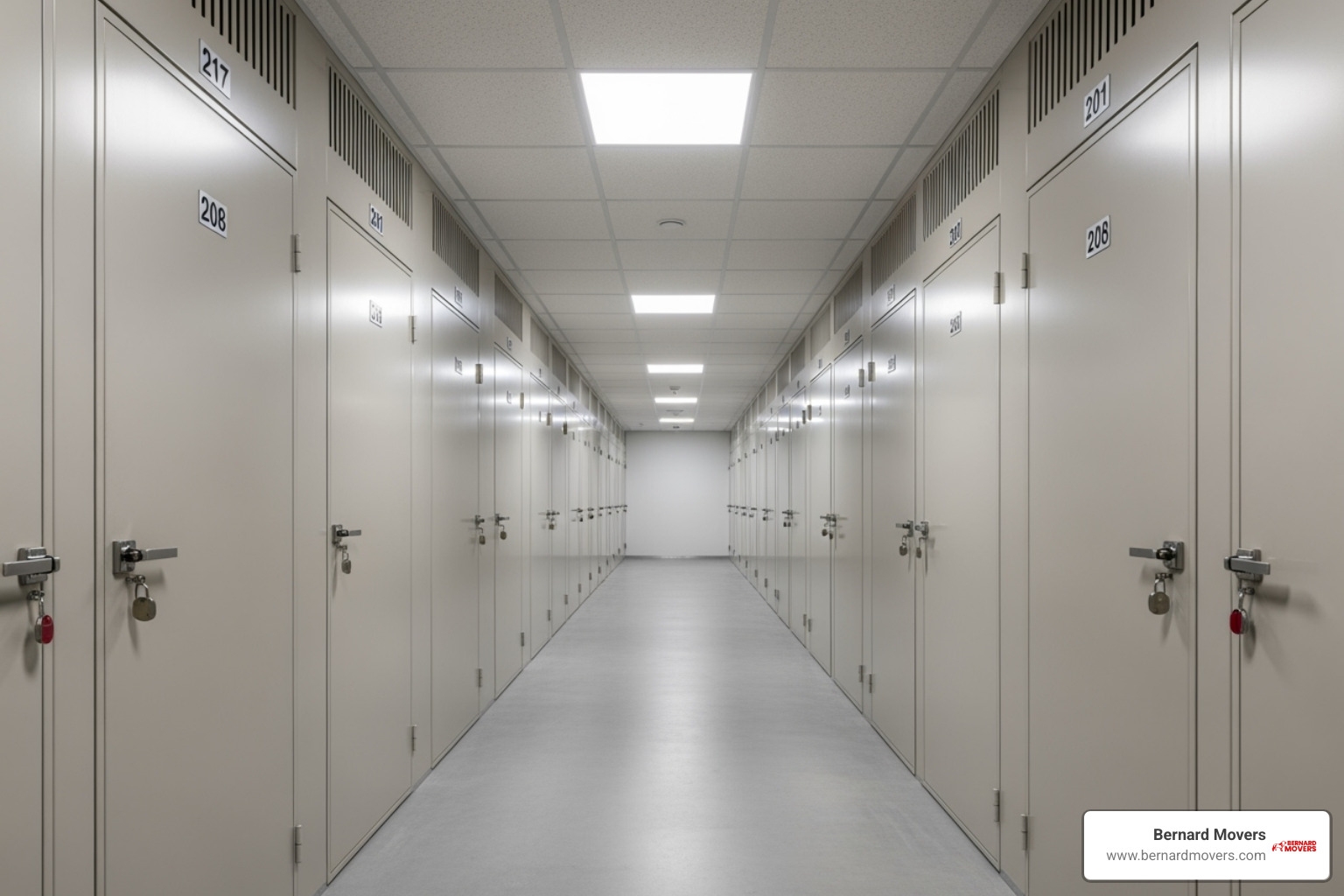 A secure, well-lit storage facility hallway with individual unit doors - student storage Chicago A secure, well-lit storage facility hallway with individual unit doors - student storage Chicago