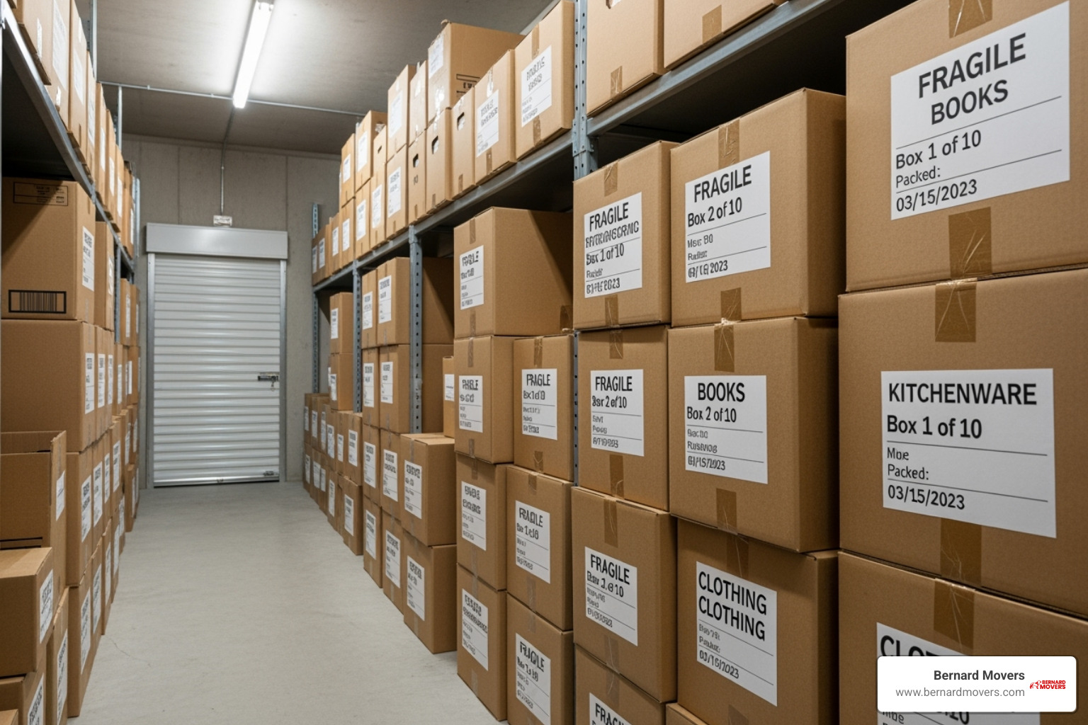 Properly packed boxes with clear labels stacked neatly - student storage Chicago Properly packed boxes with clear labels stacked neatly - student storage Chicago