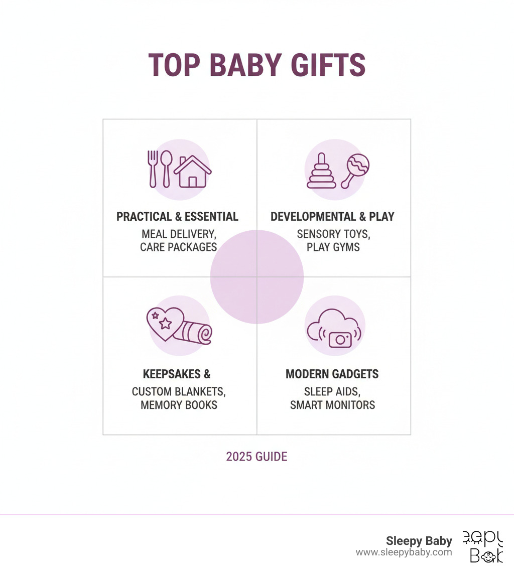 Infographic showing four categories of top baby gifts: Practical & Essential gifts like meal delivery and care packages in the top left, Developmental & Play items like sensory toys and play gyms in the top right, Keepsakes & Personalized gifts such as custom blankets and memory books in the bottom left, and Modern Gadgets including sleep aids and smart baby monitors in the bottom right - 10 top baby gifts infographic 