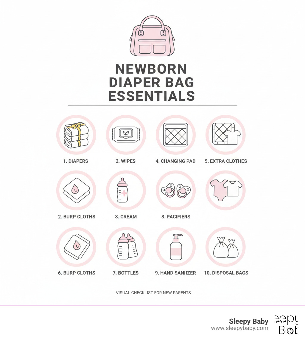 Complete visual checklist showing the top 10 newborn diaper bag essentials including diapers, wipes, cream, changing pad, extra clothes, burp cloths, bottles, pacifiers, hand sanitizer, and disposal bags arranged in an easy-to-follow infographic format - diaper essentials for newborns infographic 