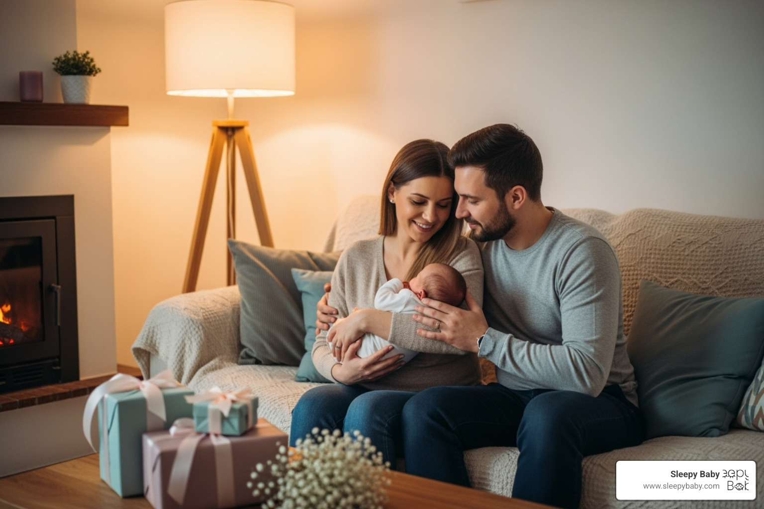 happy family with their newborn, surrounded by a few thoughtful gifts - 10 top baby gifts