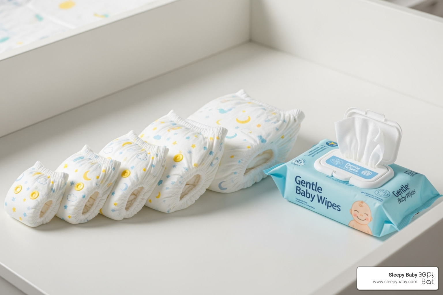 different newborn diaper sizes and a pack of gentle wipes - diaper essentials for newborns