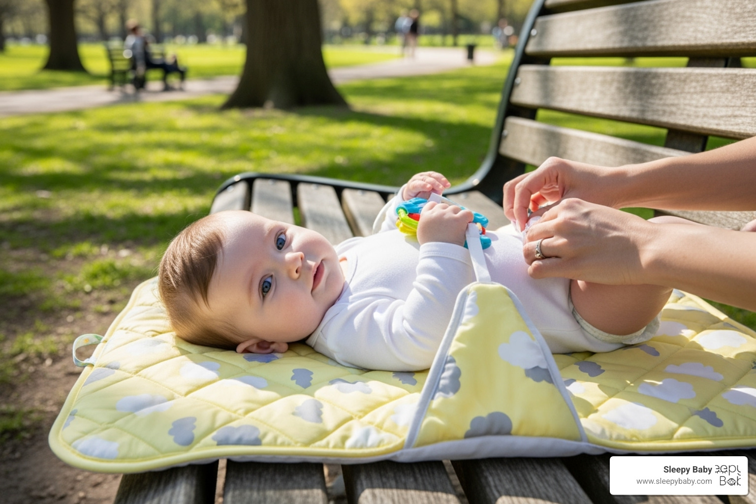 portable changing pad being used on a park bench - diaper essentials for newborns