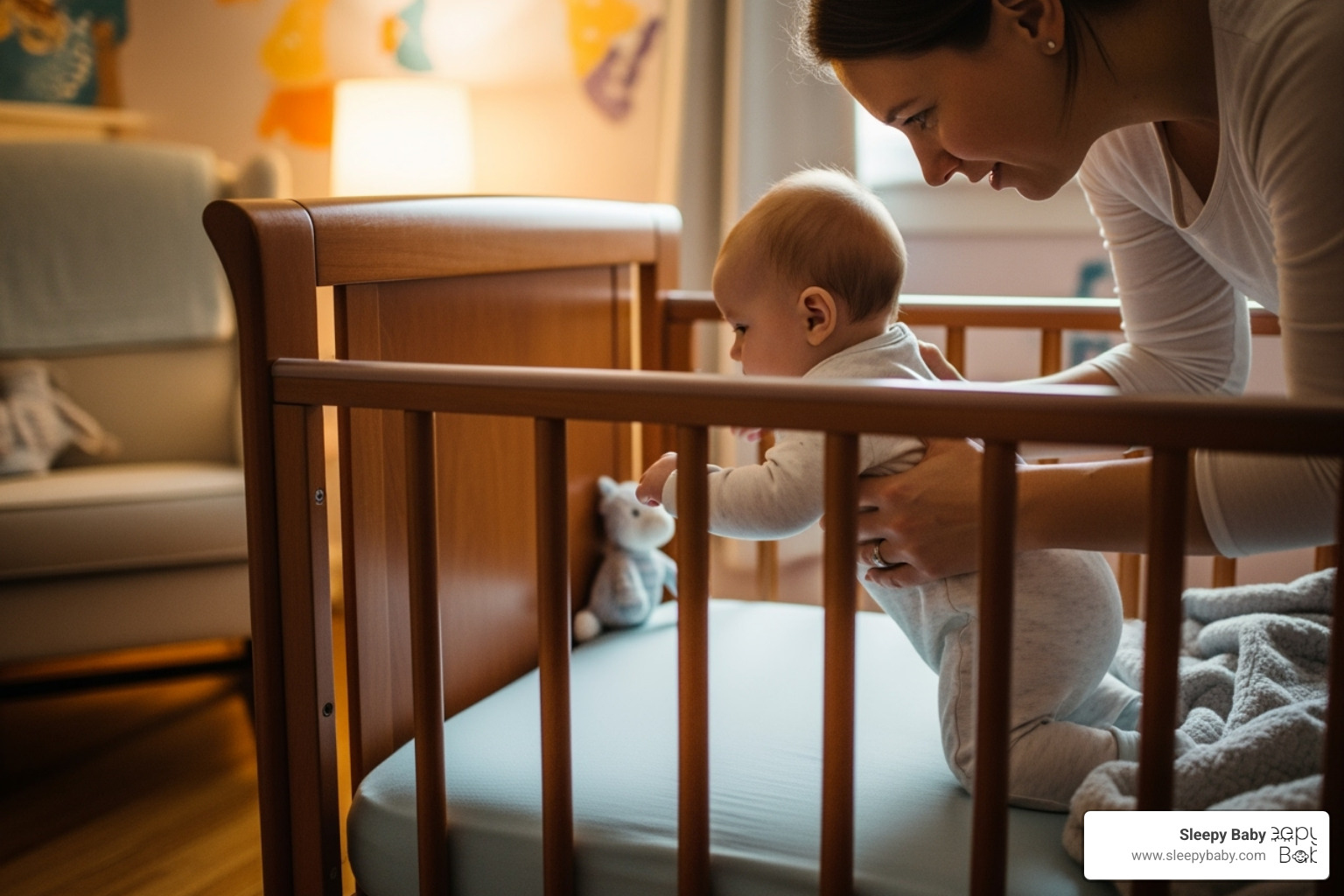 Parent gently placing 6-month-old in crib - 6 month old wake windows Parent gently placing 6-month-old in crib - 6 month old wake windows