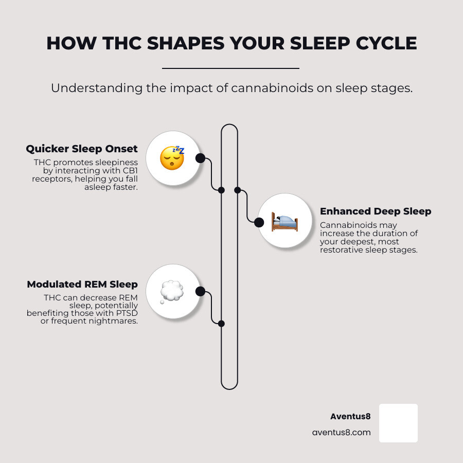 Detailed infographic showing the human sleep cycle phases (light sleep, deep sleep, REM sleep) with arrows indicating where THC impacts each stage, including reduced sleep onset time, increased deep sleep duration, and decreased REM sleep for better rest - THC capsules for sleep infographic infographic-line-3-steps-neat_beige