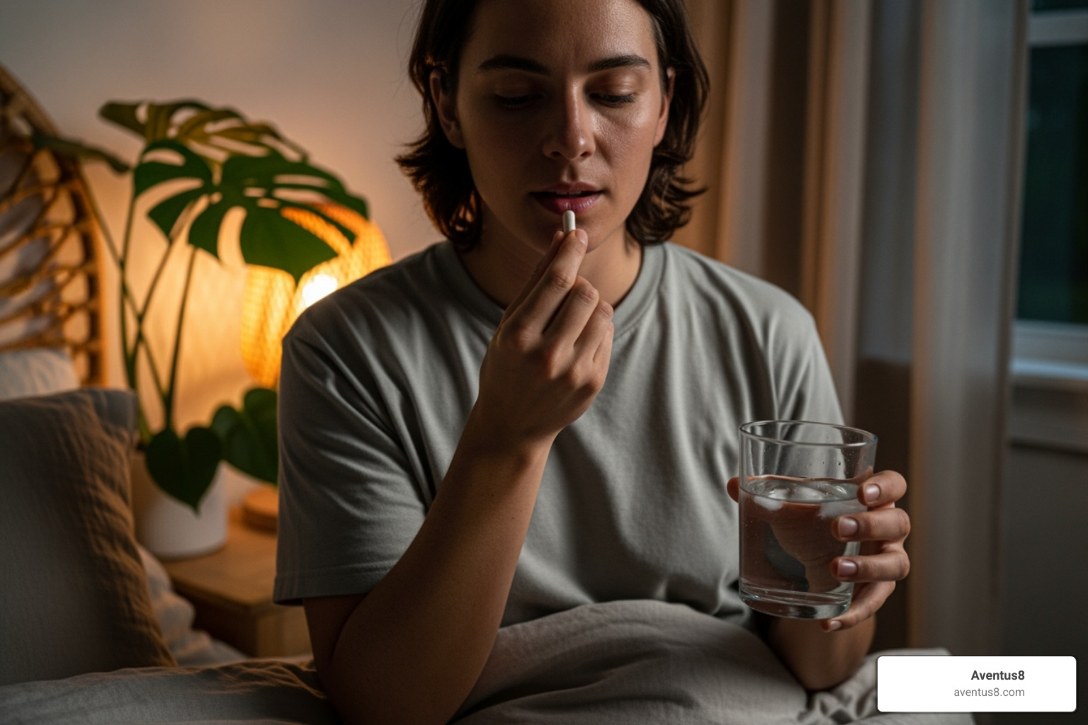 person taking a THC capsule with a glass of water before bed in a Hollywood, FL home - THC capsules for sleep
