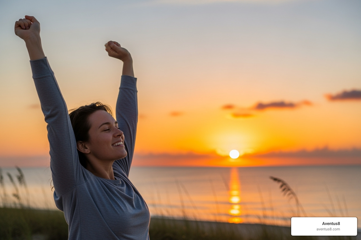 person waking up refreshed with the Hollywood, FL sunrise in the background - THC capsules for sleep