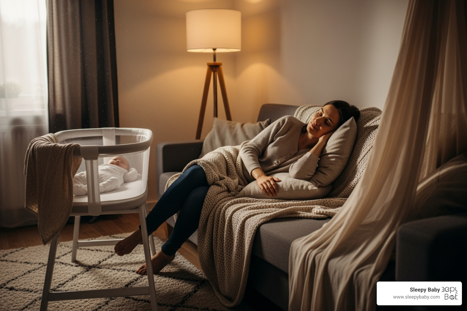 of a tired but peaceful parent resting while their baby sleeps soundly nearby. - sleep aid for naps