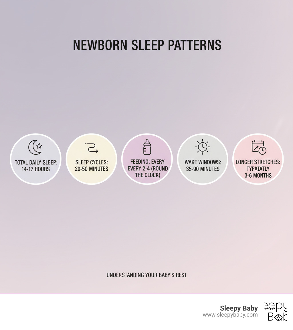 Detailed infographic showing newborn sleep statistics: 14-17 hours of total daily sleep, sleep cycles lasting 20-50 minutes, feeding every 2-4 hours around the clock, wake windows of 35-90 minutes, and development of longer sleep stretches typically occurring between 3-6 months of age - newborn sleeping infographic 