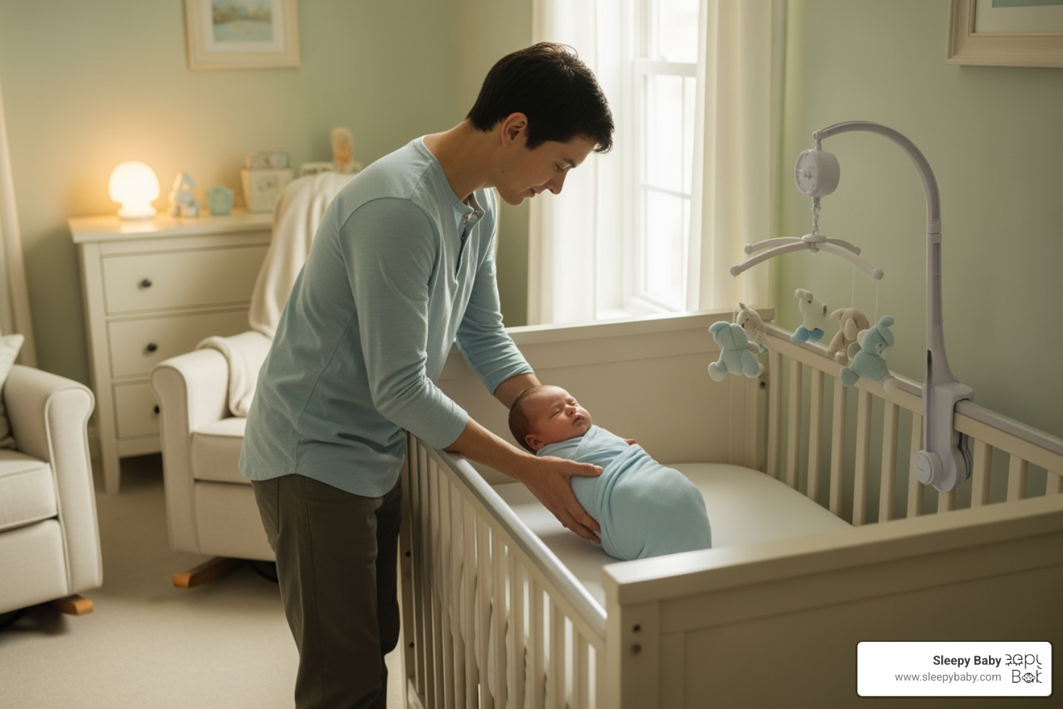 parent placing baby in crib - newborn sleeping