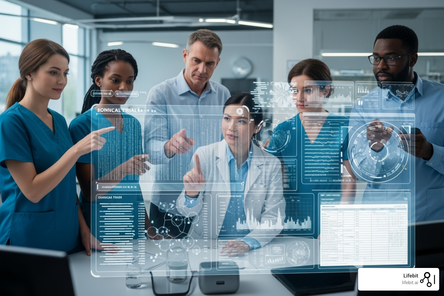 Image of researchers collaborating over a unified view of genomic and clinical data - data harmonization meaning