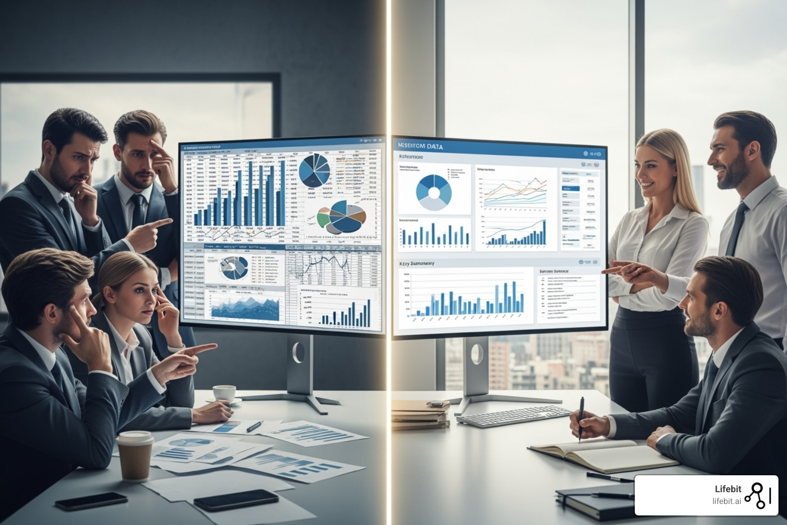 Image showing a split screen: one side with confused people looking at messy charts, the other with confident executives viewing a clear dashboard - data harmonization meaning