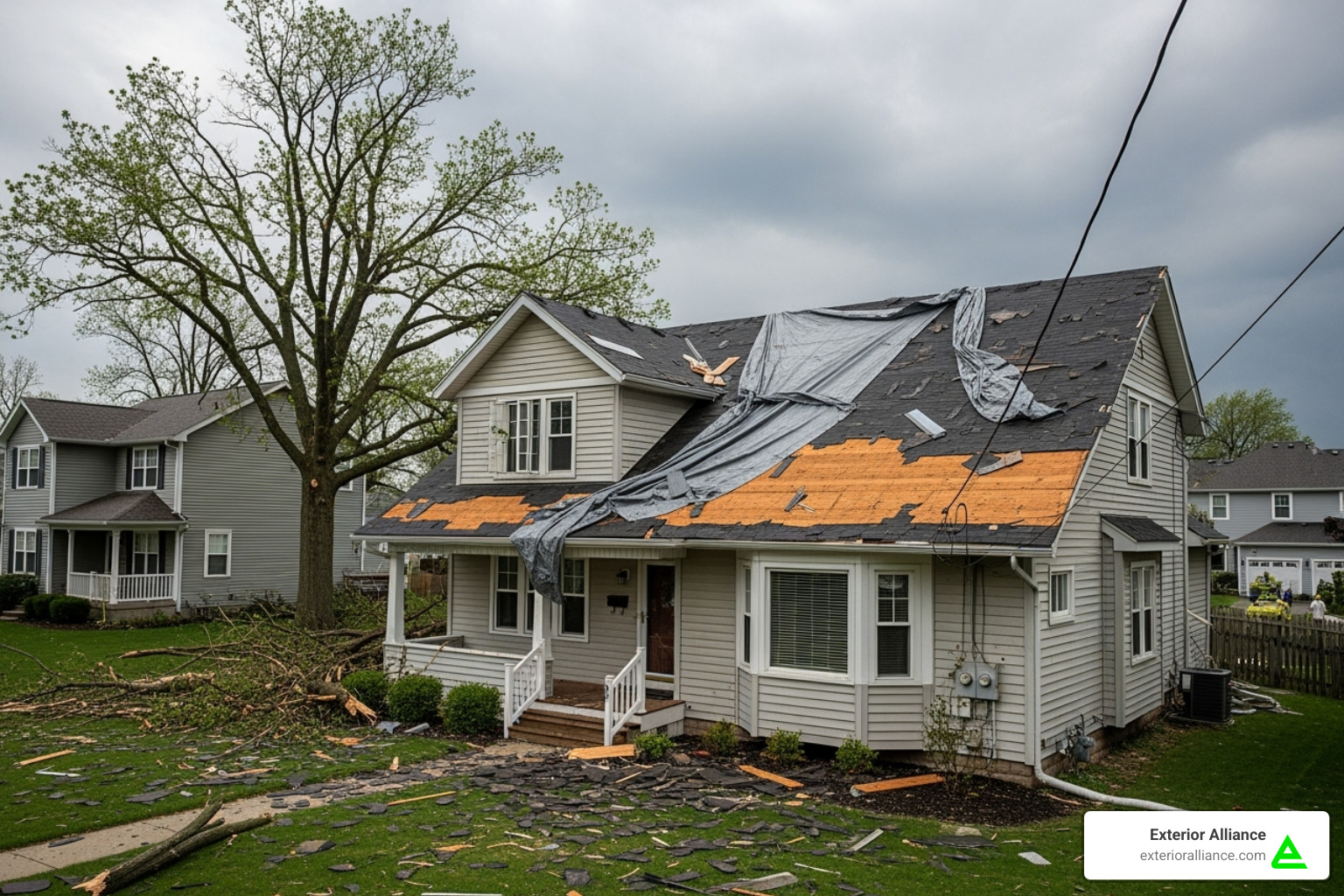 roof with visible storm damage in a suburban Ohio neighborhood - insurance claim roofing roof with visible storm damage in a suburban Ohio neighborhood - insurance claim roofing