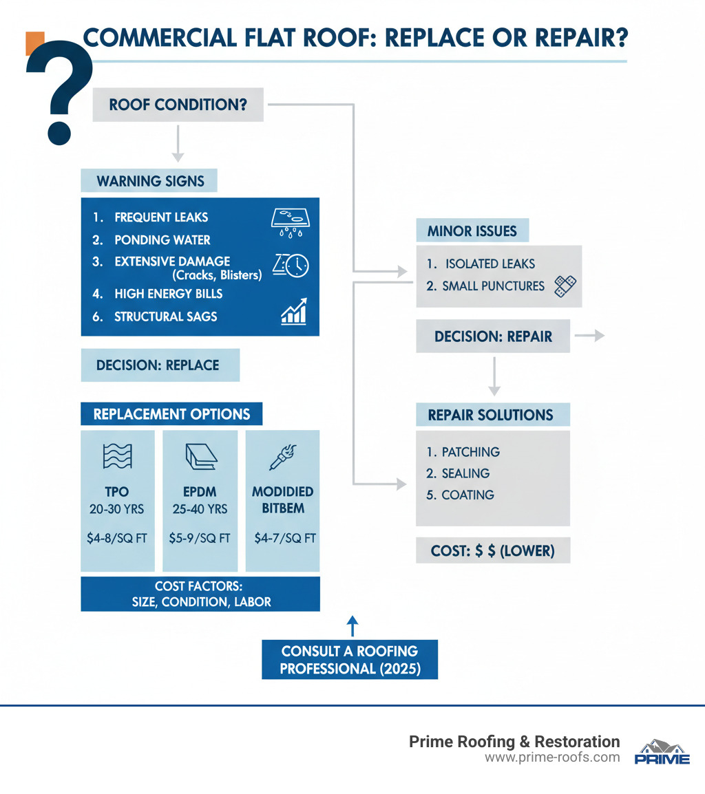 Detailed infographic showing commercial flat roof replacement decision tree with cost ranges, material lifespans, and key warning signs that indicate when replacement is necessary versus repair options - commercial flat roof replacement infographic 