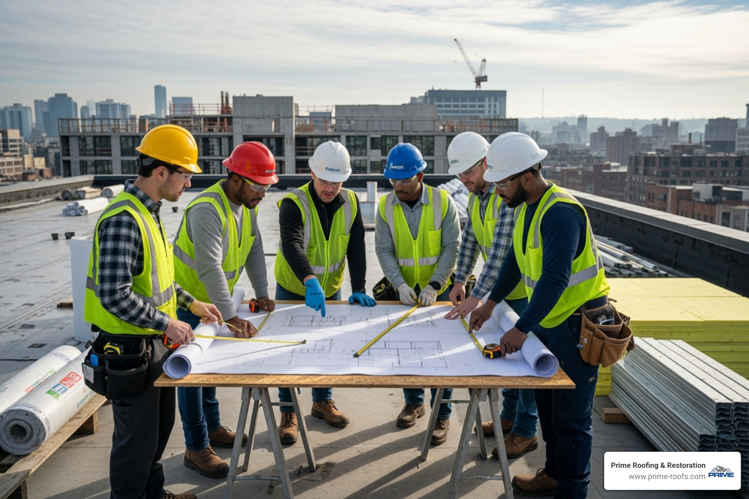 Prime Roofing & Restoration team discussing blueprints on a commercial job site - commercial flat roof replacement