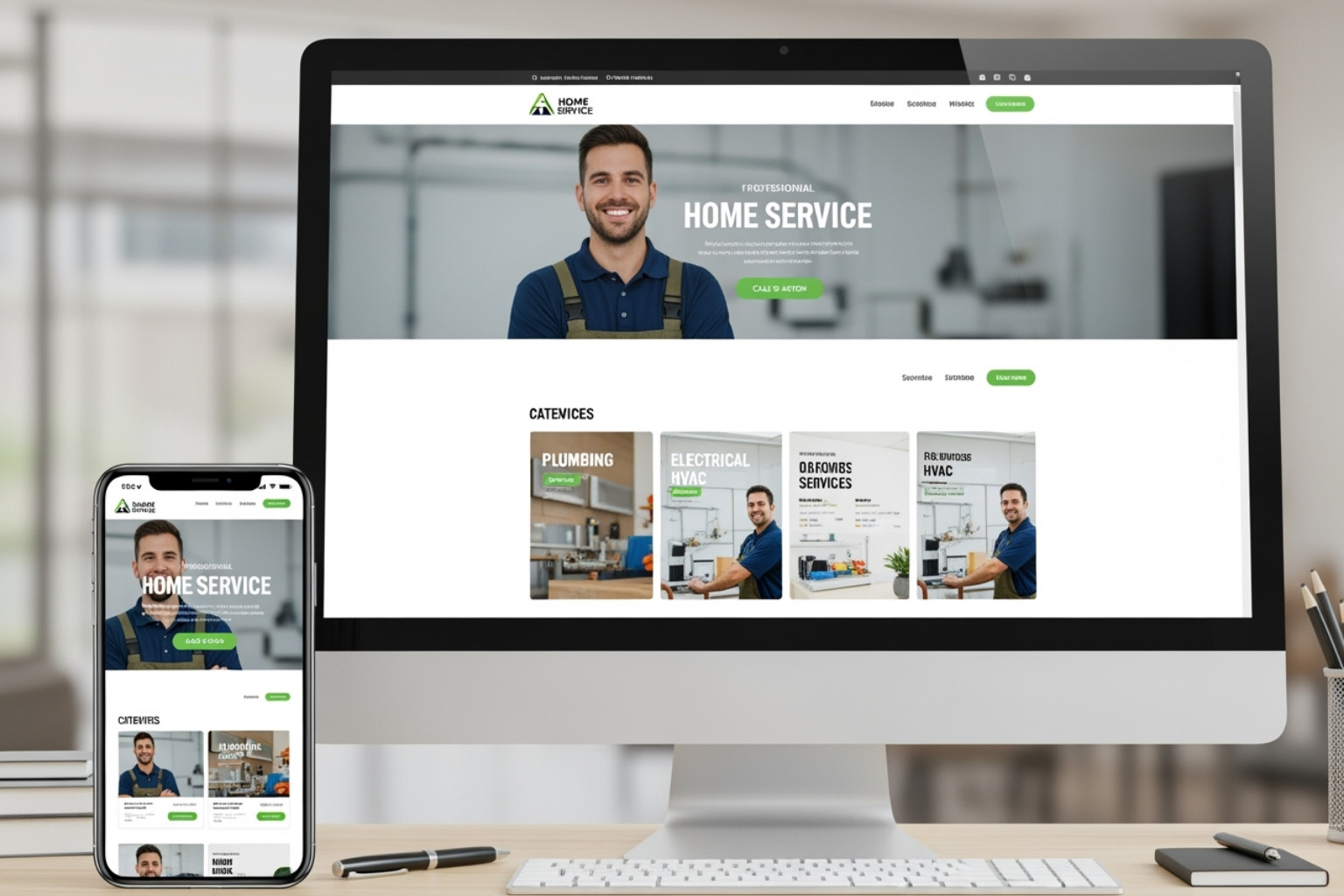 mobile phone and desktop computer showing a well-designed home service website - digital marketing for home services