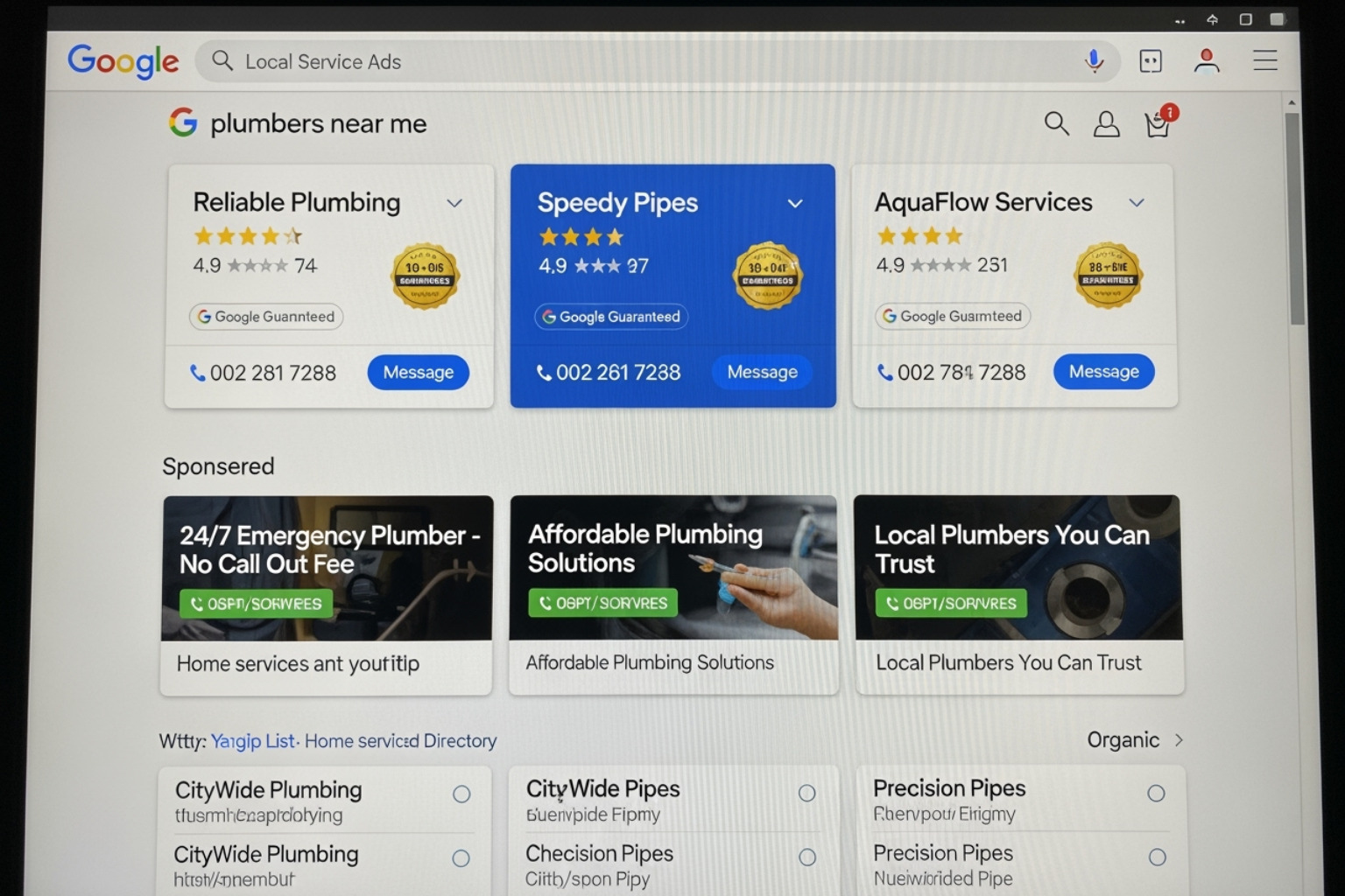 Google search results page showing Local Service Ads, PPC ads, and organic results for a home service query - digital marketing for home services