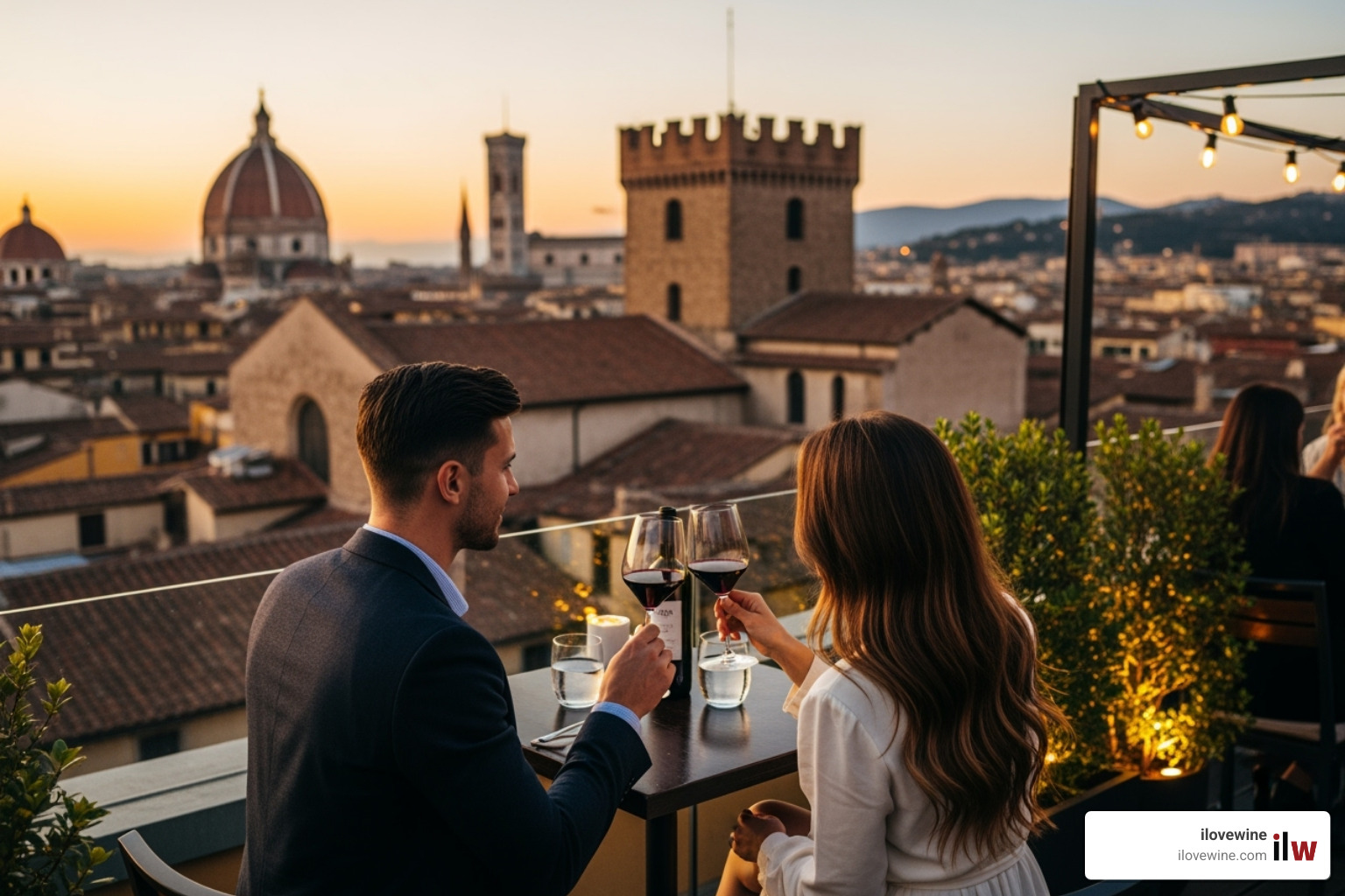 A couple enjoying wine at a rooftop bar overlooking a historic city skyline - Historic city breaks