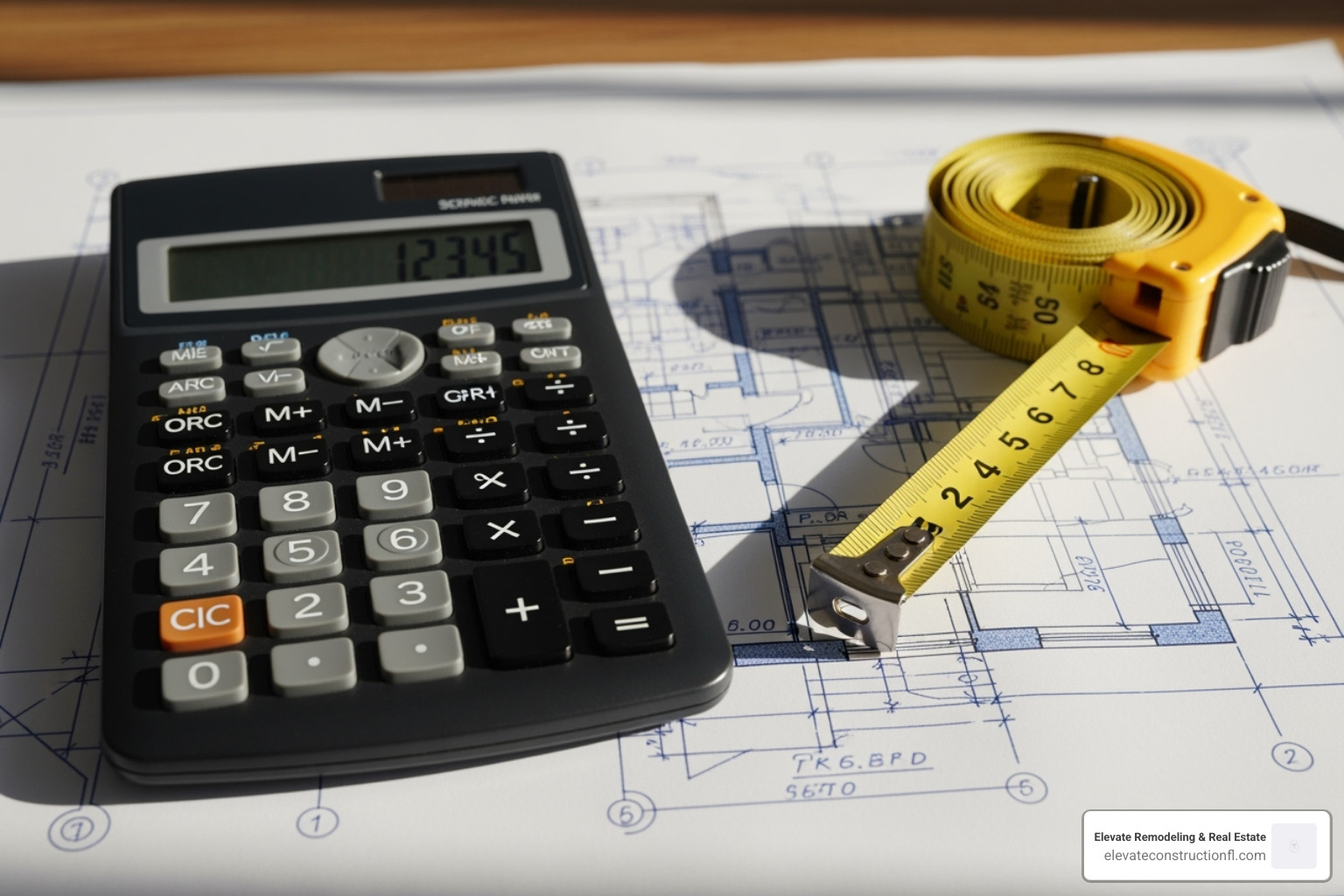 calculator and measuring tape on blueprint - Home office renovation calculator and measuring tape on blueprint - Home office renovation