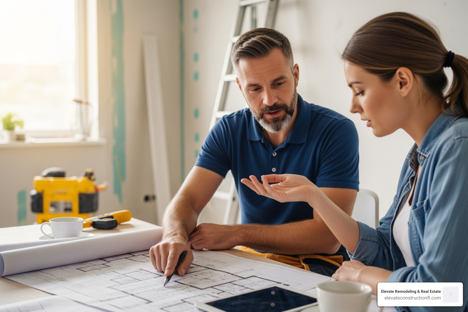 contractor and homeowner reviewing plans - Home office renovation contractor and homeowner reviewing plans - Home office renovation