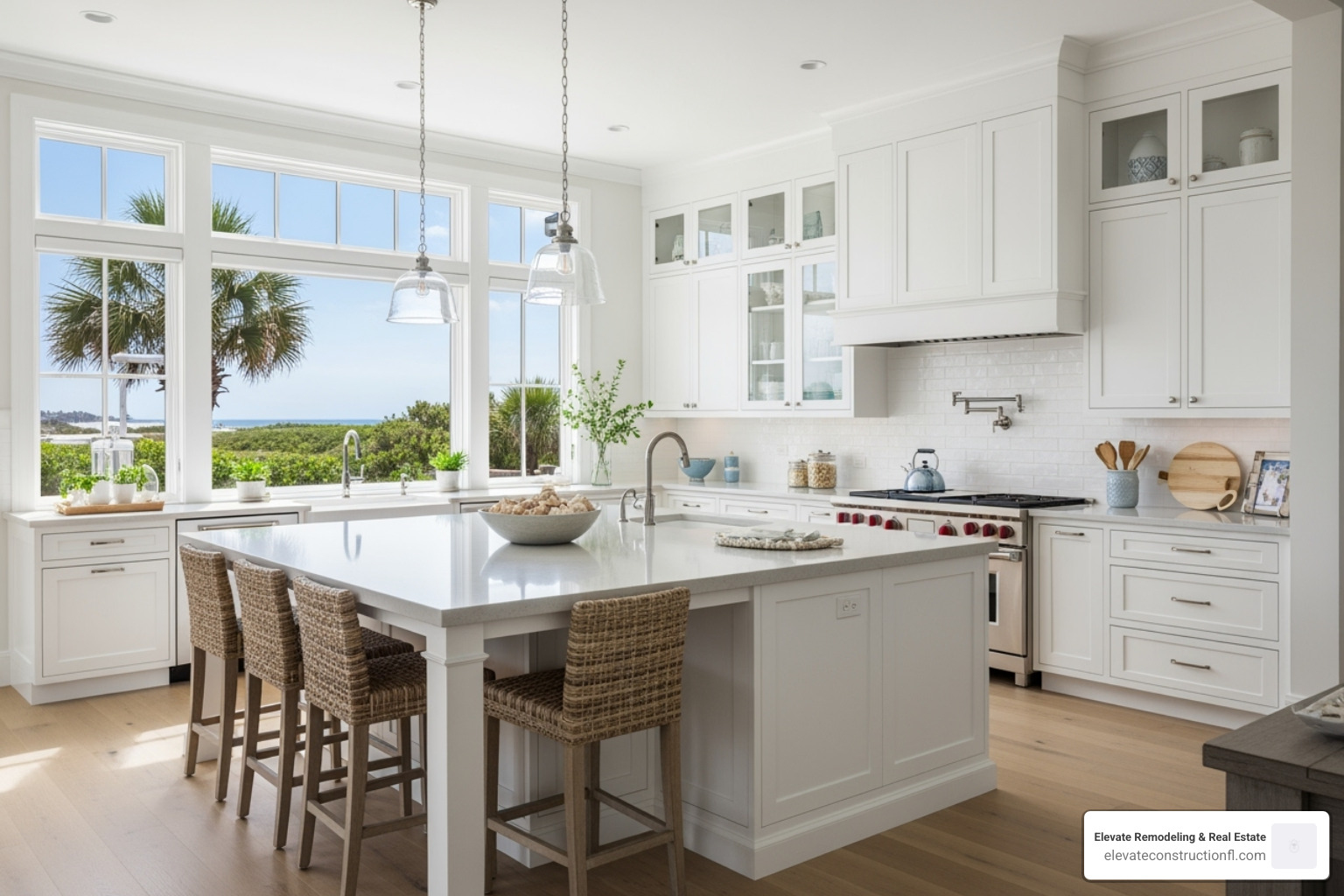 a bright, coastal-style kitchen with an island and large windows - kitchen remodel tampa fl