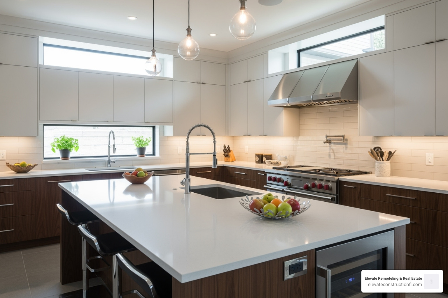 a kitchen with high-end quartz countertops and custom cabinets - kitchen remodel tampa fl
