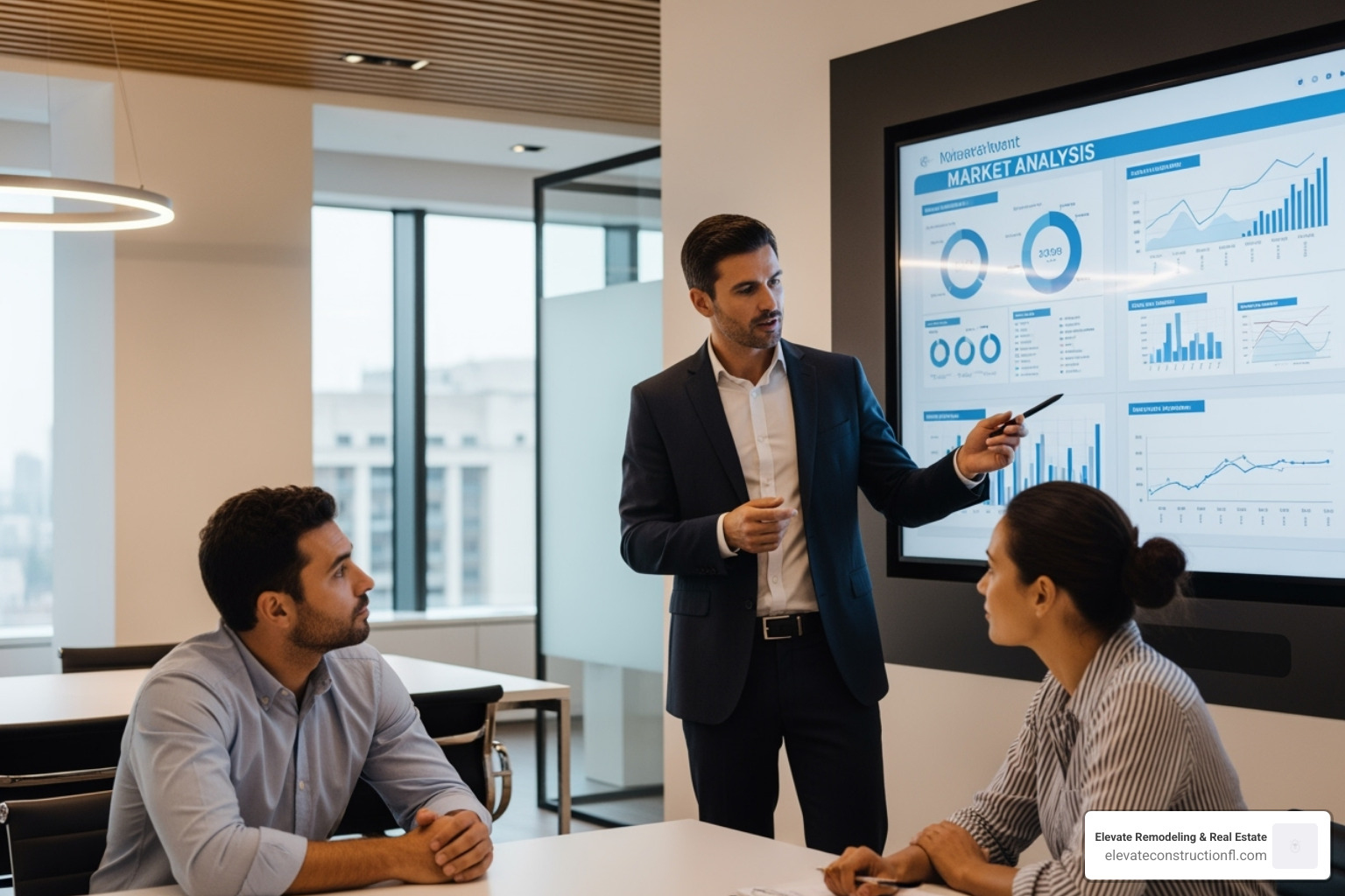 a real estate agent presenting a market analysis report to clients in a modern office - Full service real estate a real estate agent presenting a market analysis report to clients in a modern office - Full service real estate
