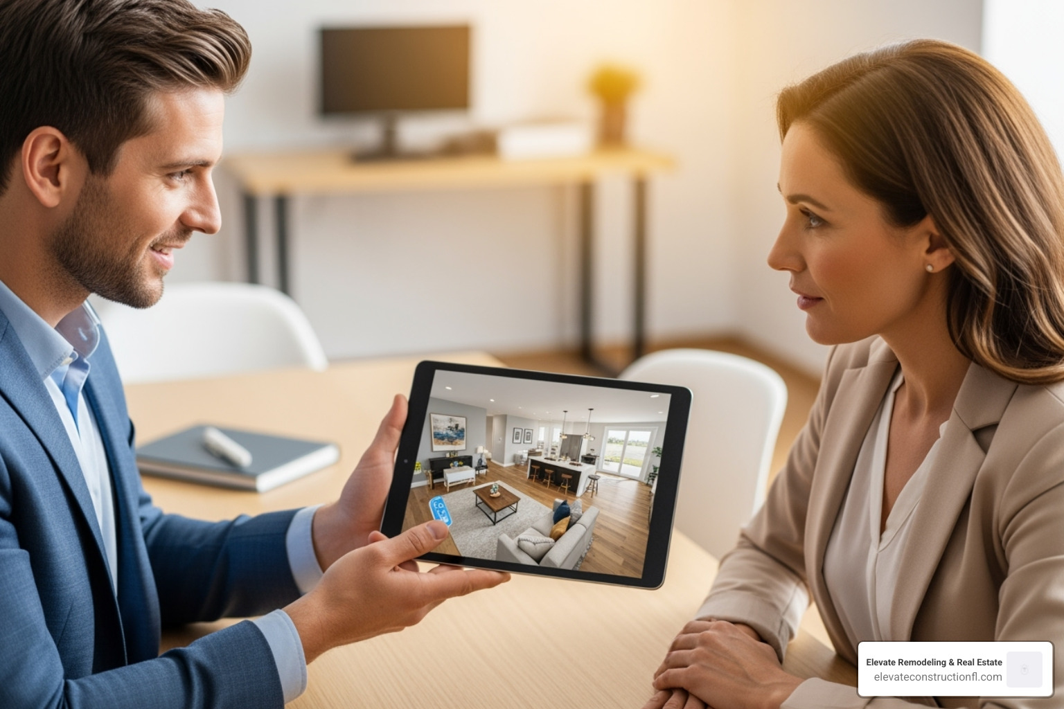 an agent using a tablet to showcase a 3D virtual tour of a property to a client - Full service real estate an agent using a tablet to showcase a 3D virtual tour of a property to a client - Full service real estate