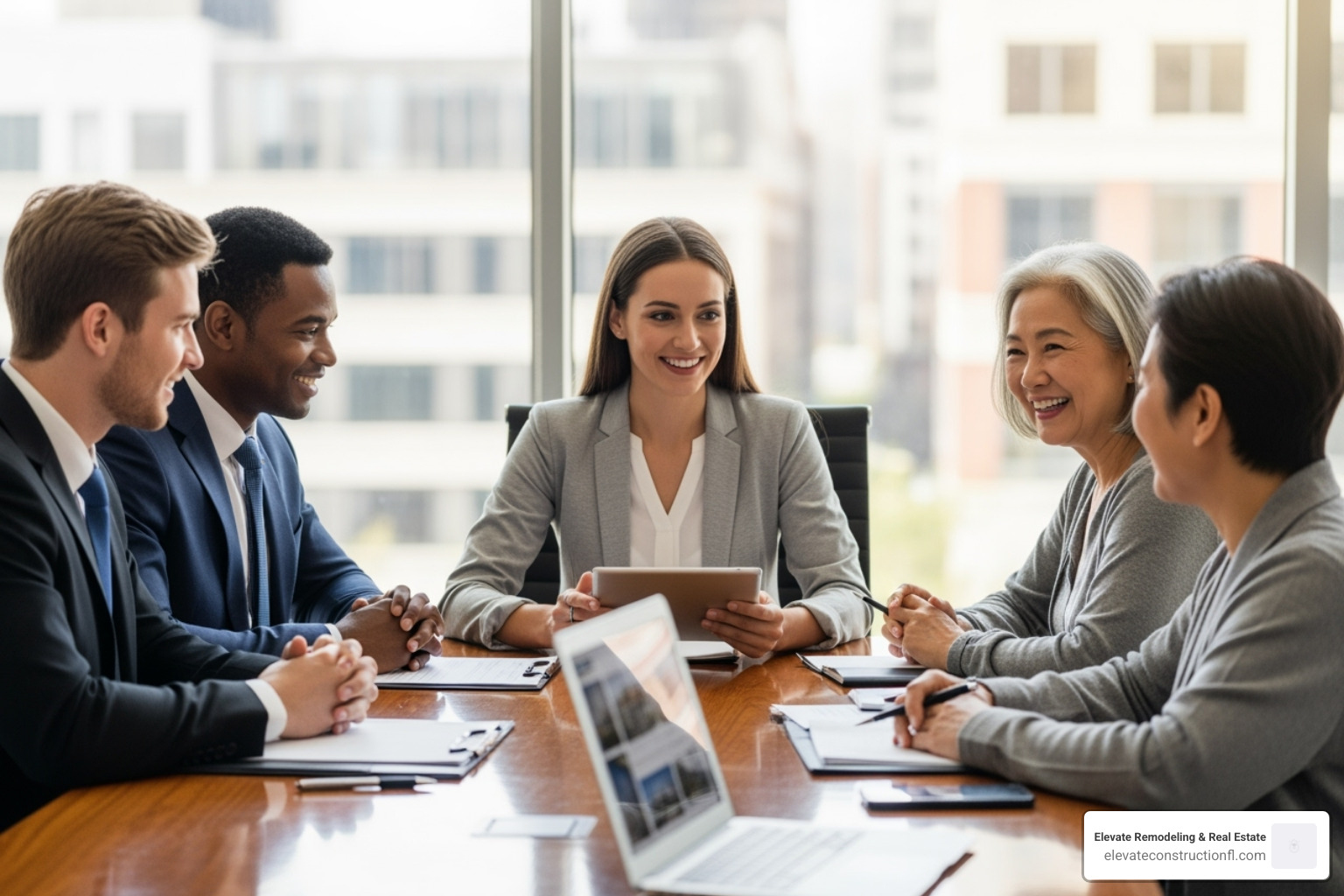 a diverse group of clients (a young couple, an investor, a senior) looking satisfied during a meeting - Full service real estate a diverse group of clients (a young couple, an investor, a senior) looking satisfied during a meeting - Full service real estate