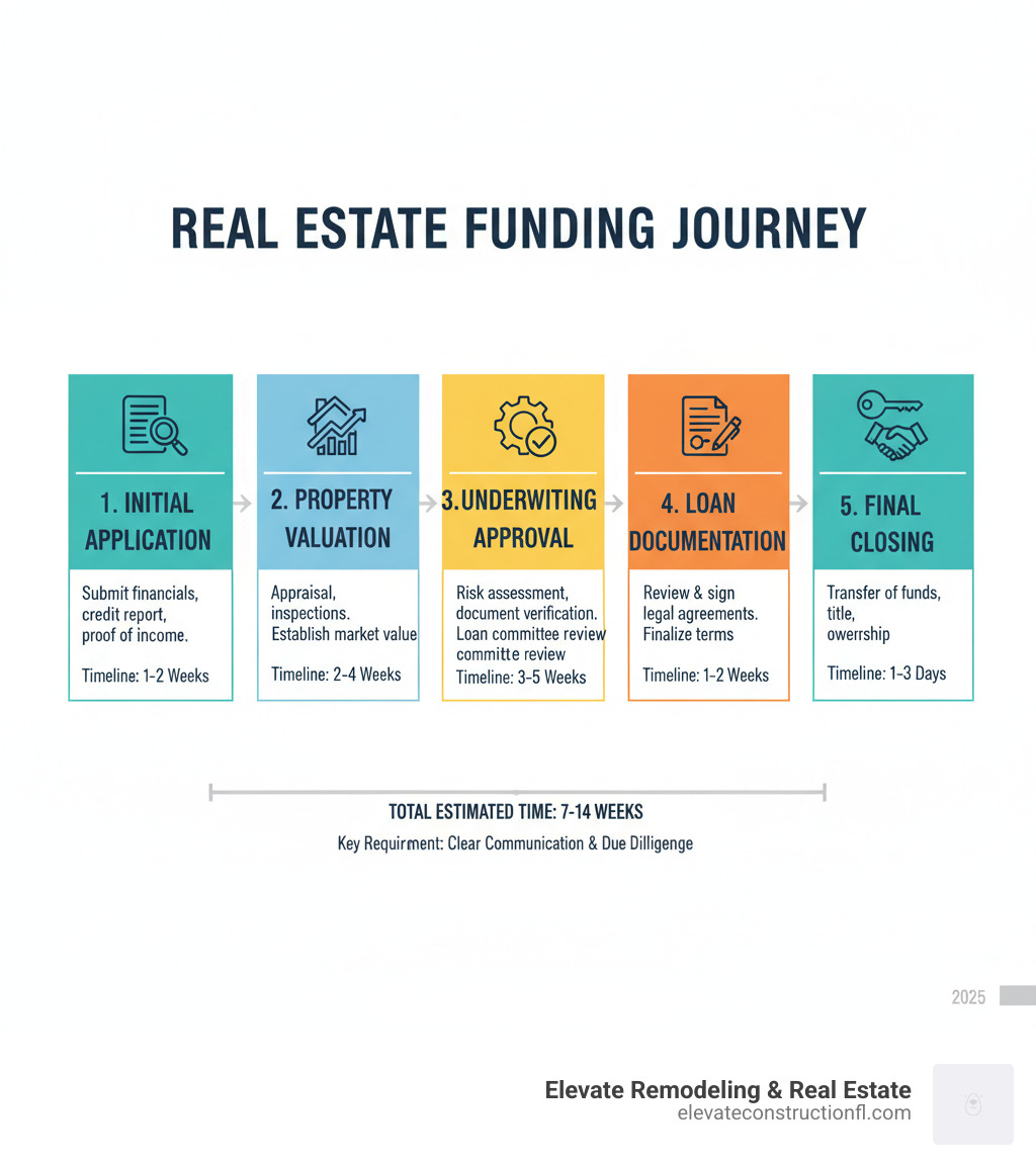 Infographic showing the real estate funding process from initial application through property valuation, underwriting approval, loan documentation, and final closing with key timelines and requirements for each stage - Real estate funding infographic 