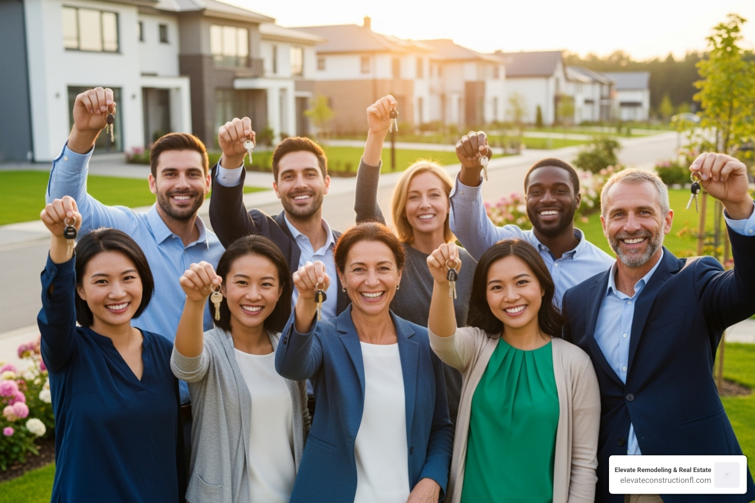 Image of diverse homeowners with keys to their new houses, symbolizing accessibility and homeownership through various loan programs - Real estate funding