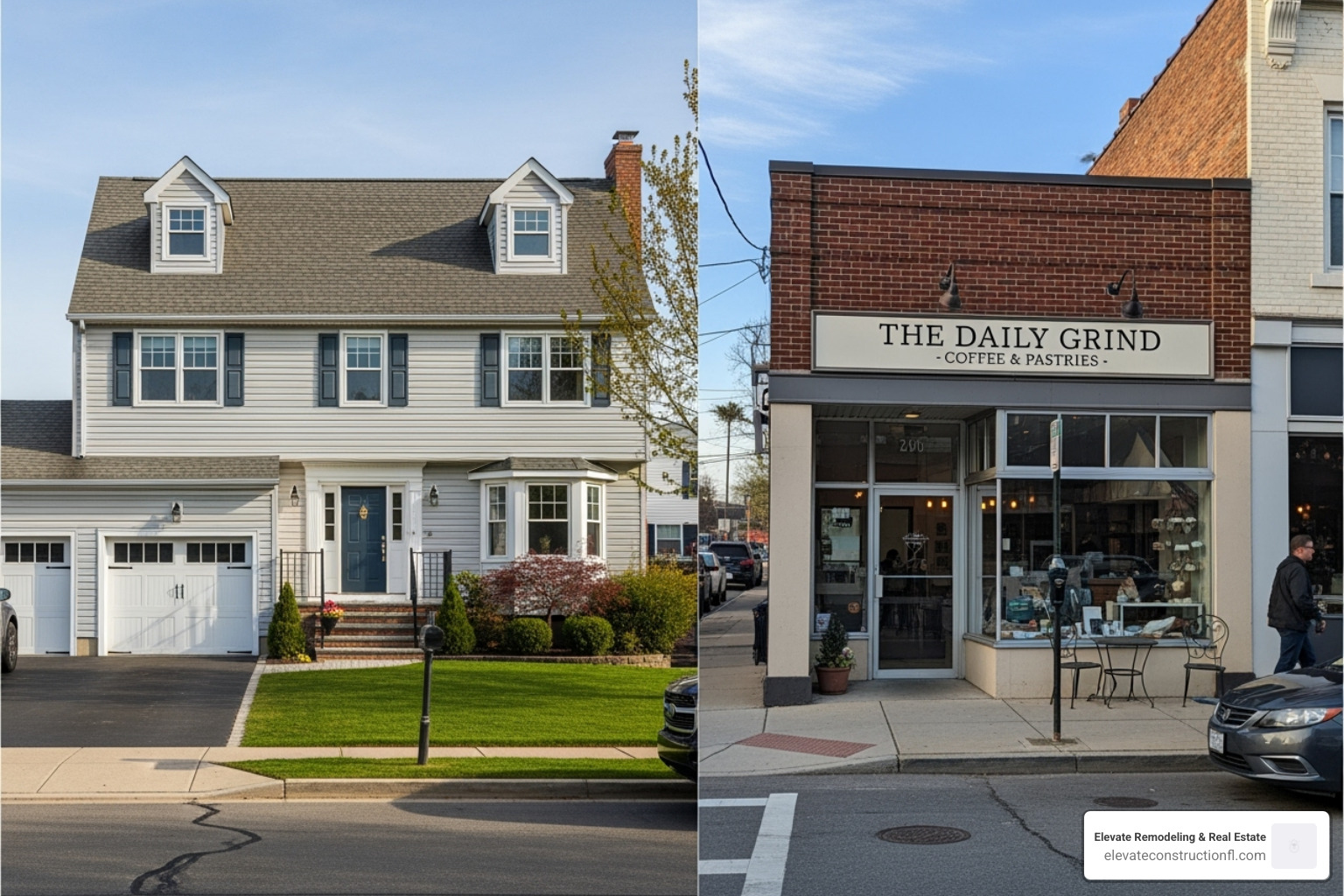 Image comparing a residential home with a commercial storefront, highlighting their distinct architectural styles and primary uses - Real estate funding