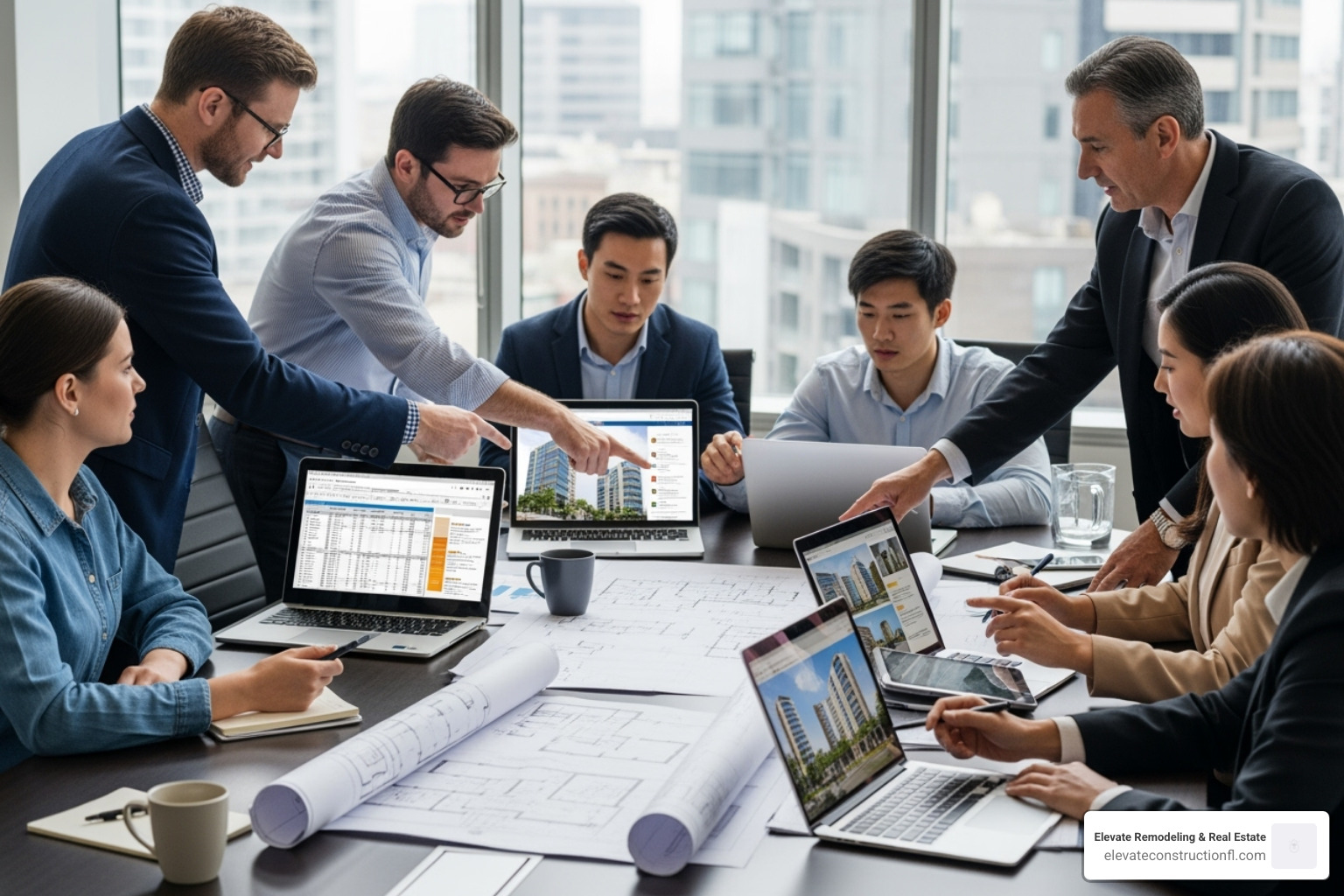 Image of a team of real estate professionals collaborating around a table with blueprints and laptops - Real estate funding