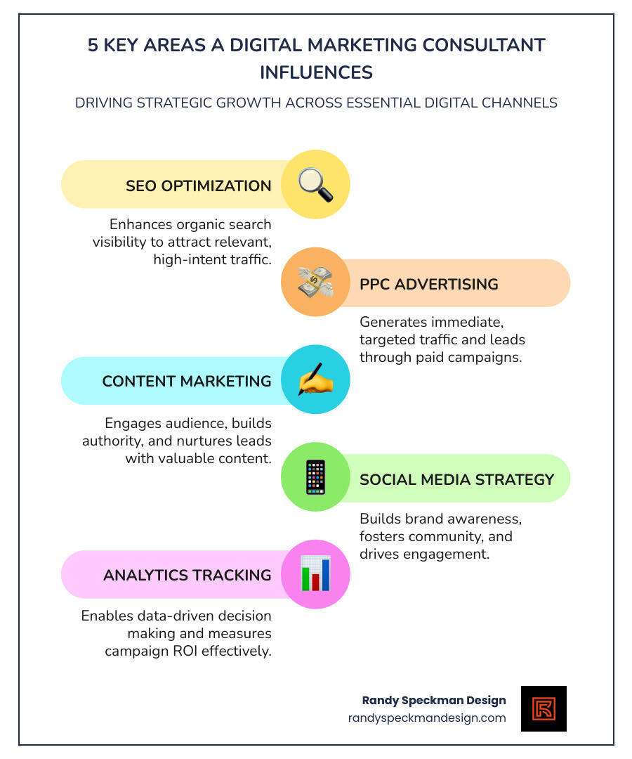 Infographic showing the five key areas a digital marketing consultant influences: SEO optimization for organic search visibility, PPC advertising for immediate traffic generation, Content Marketing for audience engagement and lead nurturing, Social Media strategy for brand awareness and community building, and Analytics tracking for data-driven decision making and ROI measurement - digital marketing consultant infographic infographic-line-5-steps-colors Infographic showing the five key areas a digital marketing consultant influences: SEO optimization for organic search visibility, PPC advertising for immediate traffic generation, Content Marketing for audience engagement and lead nurturing, Social Media strategy for brand awareness and community building, and Analytics tracking for data-driven decision making and ROI measurement - digital marketing consultant infographic infographic-line-5-steps-colors