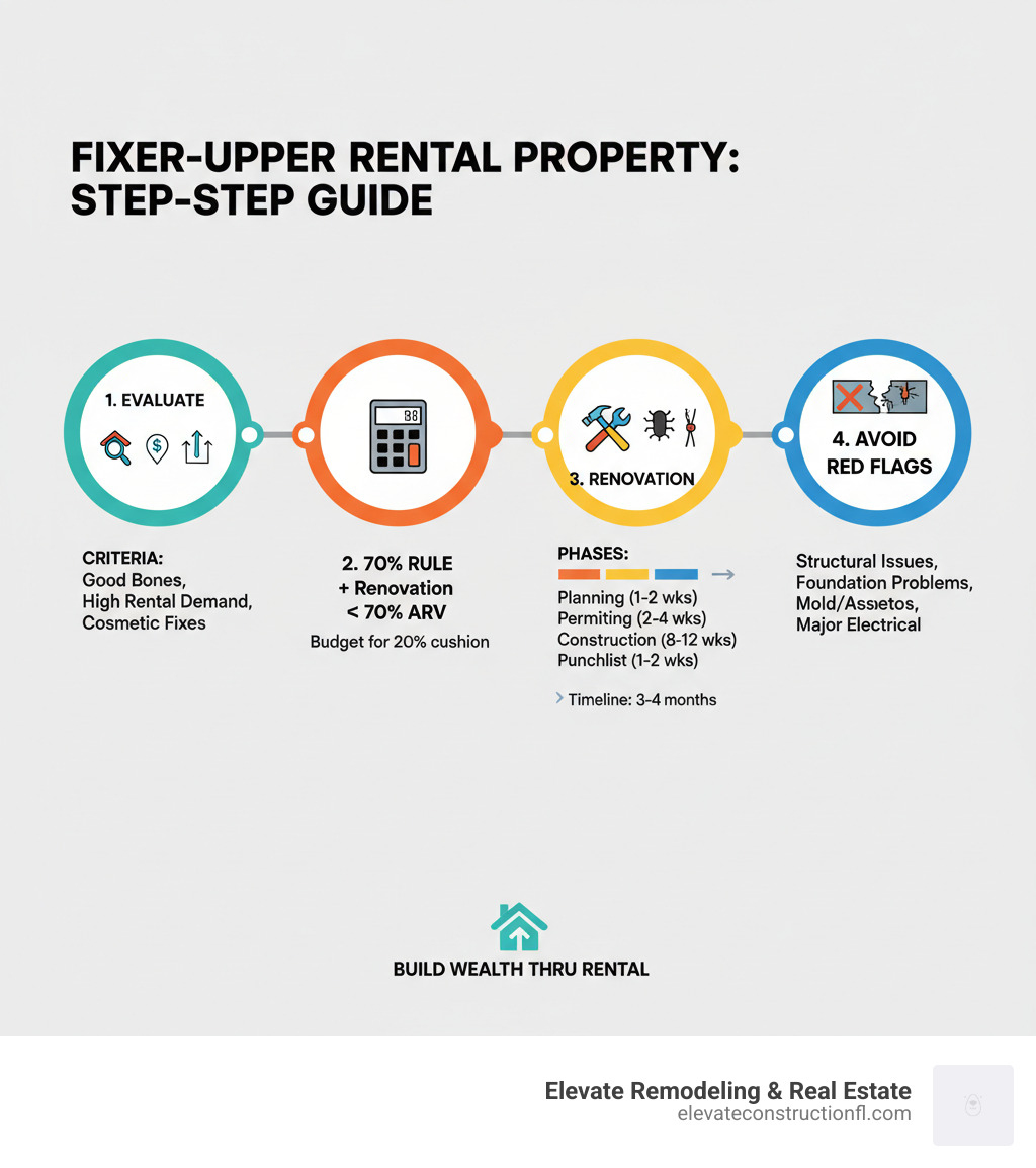 Infographic showing the step-by-step process for buying a fixer-upper rental property, including property evaluation criteria, the 70% rule calculation, renovation timeline phases, and key red flags to avoid - buying a fixer upper rental property infographic 
