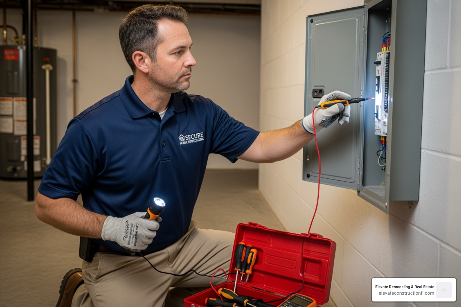 home inspector examining property electrical panel - buying a fixer upper rental property