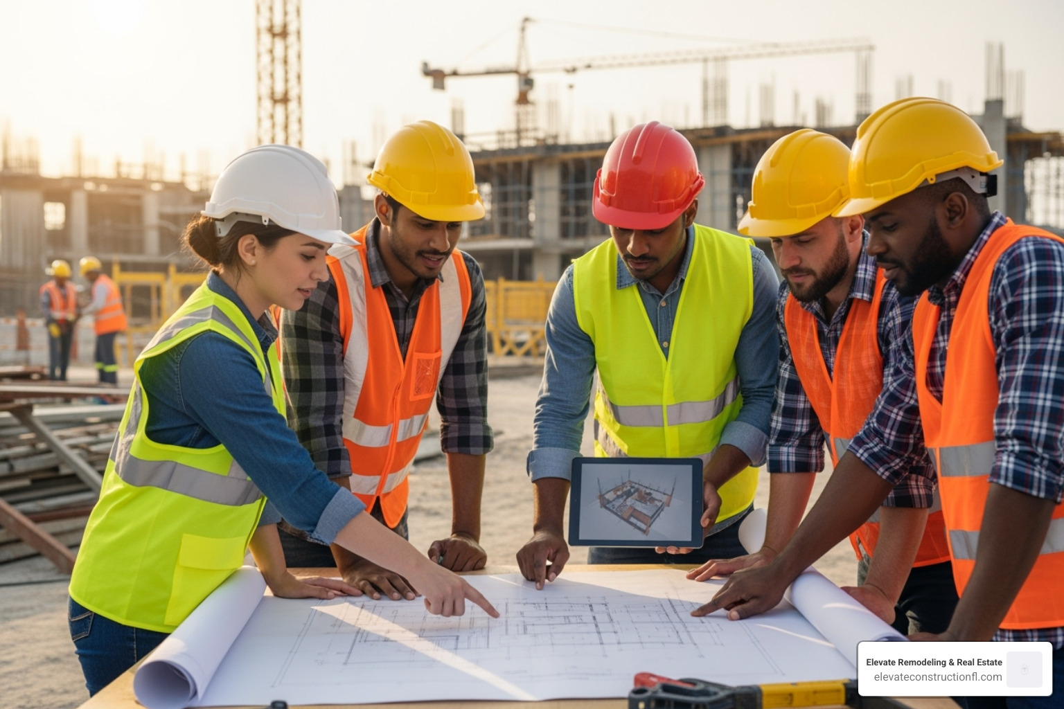 construction team collaborating on renovation plans - buying a fixer upper rental property