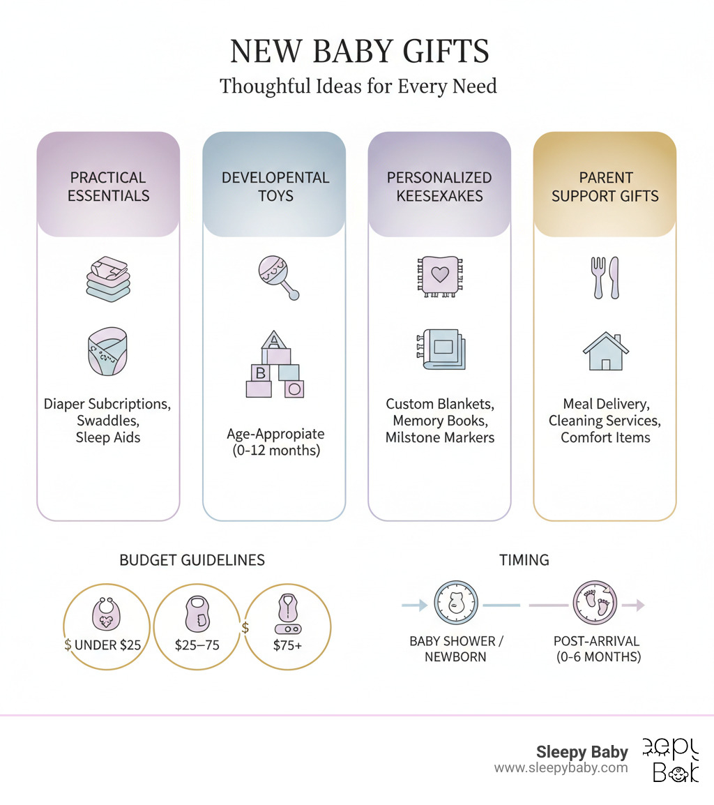 Infographic showing four main categories of new baby gifts: Practical Essentials (diaper subscriptions, swaddles, sleep aids), Developmental Toys (age-appropriate items from 0-12 months), Personalized Keepsakes (custom blankets, memory books, milestone markers), and Parent Support Gifts (meal delivery, cleaning services, comfort items), with budget ranges and timing recommendations for each category - new baby gifts infographic 