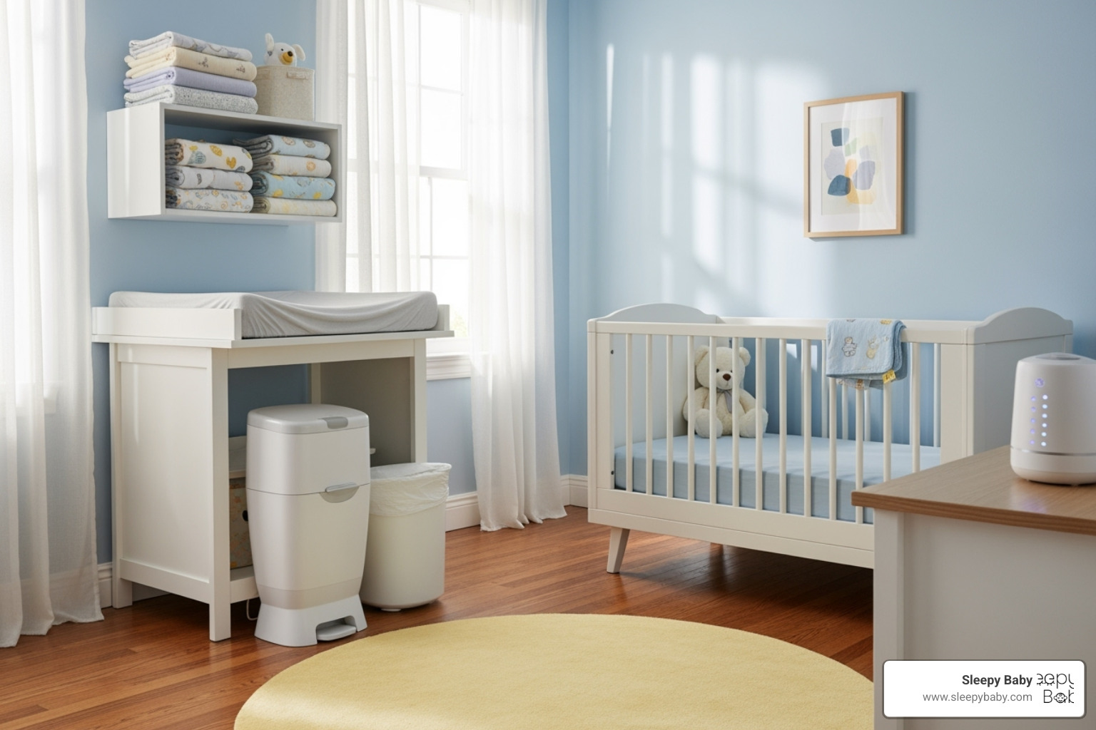 A well-organized nursery featuring items like a diaper pail, soft swaddles, and a modern sound machine on a bedside table. - new baby gifts