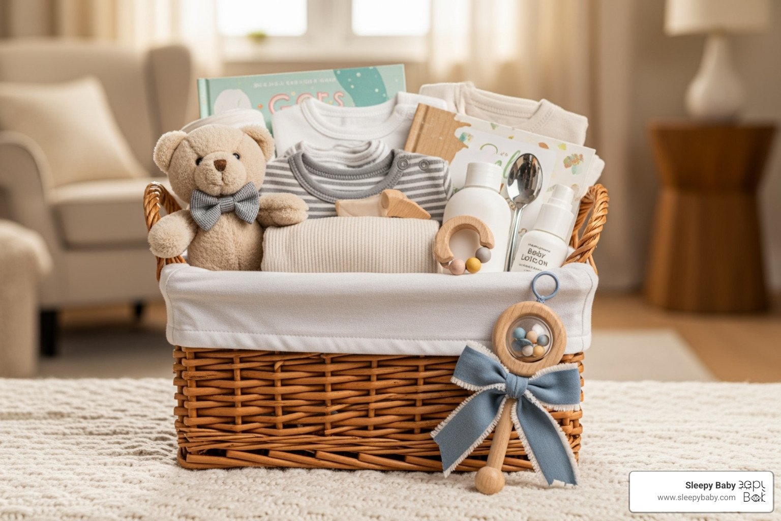 A luxury baby gift basket overflowing with high-end baby products next to a single, beautifully wrapped, simple handmade baby rattle. - new baby gifts