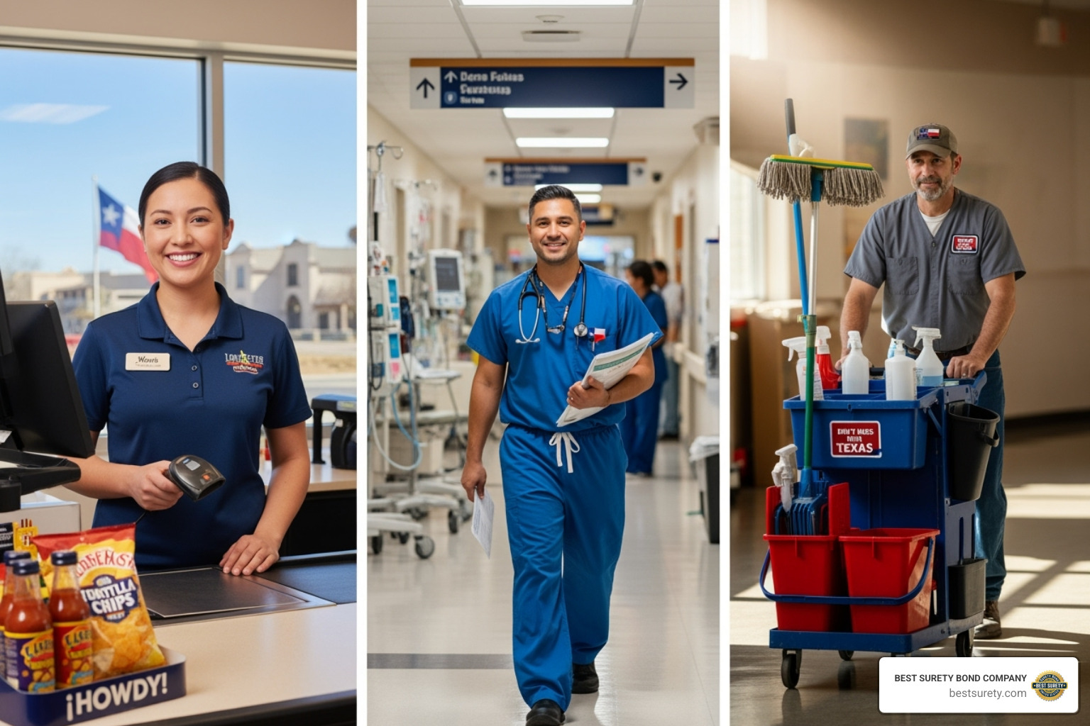 Various Texas professionals: a retail cashier, a healthcare worker, and a janitor - Employee theft bond