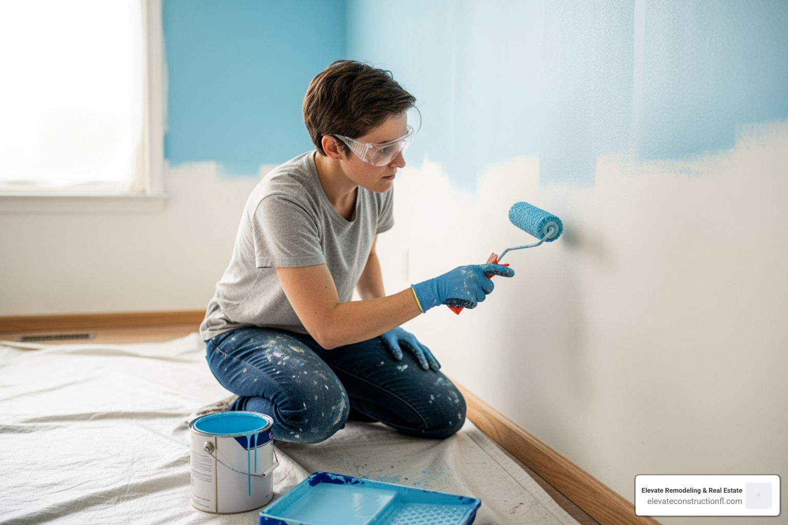A person wearing safety glasses and gloves, carefully painting a wall with a roller - home reno