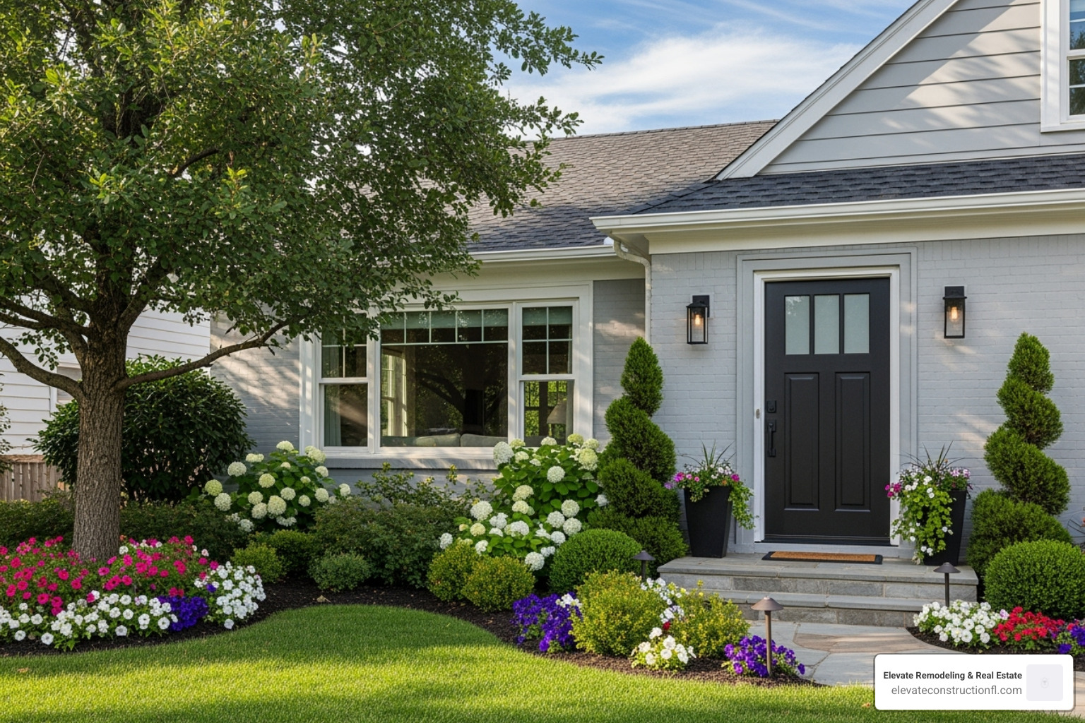 A home exterior with fresh light grey paint, a new dark front door, well-maintained landscaping, and updated outdoor lighting - home reno