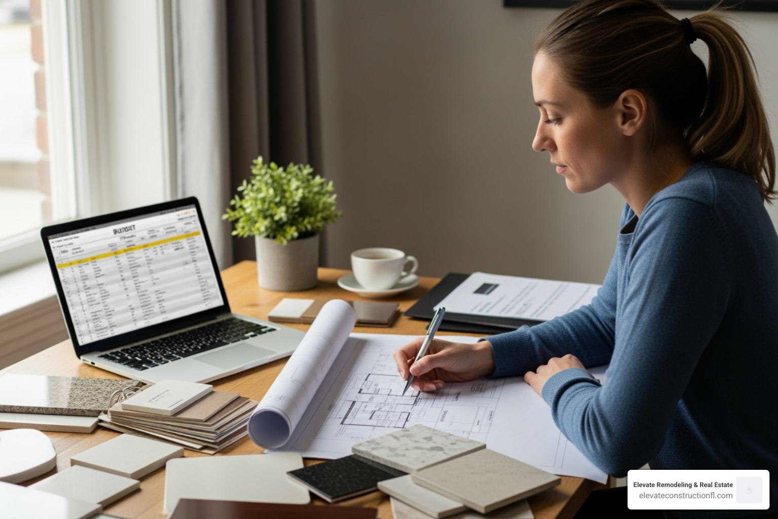 A person at a desk with kitchen layout plans, material samples, and a laptop showing a budget spreadsheet - kitchen remodel project management