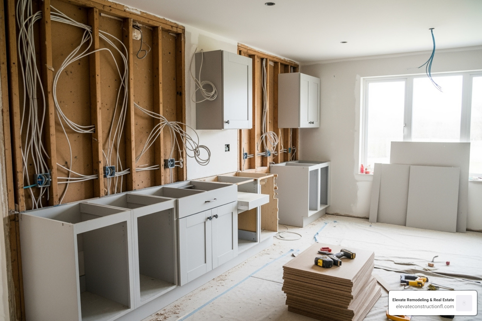 A kitchen mid-renovation, showing exposed walls and new cabinet installation - kitchen remodel project management