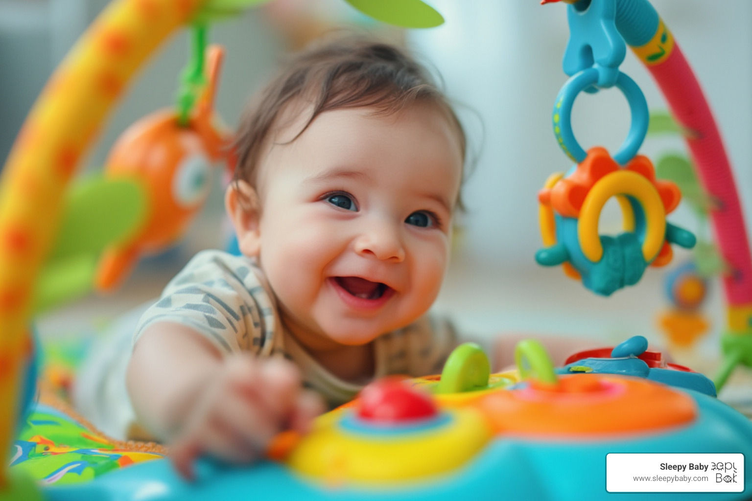 A baby happily playing on a colorful activity mat, reaching for dangling toys and smiling. - new baby gifts